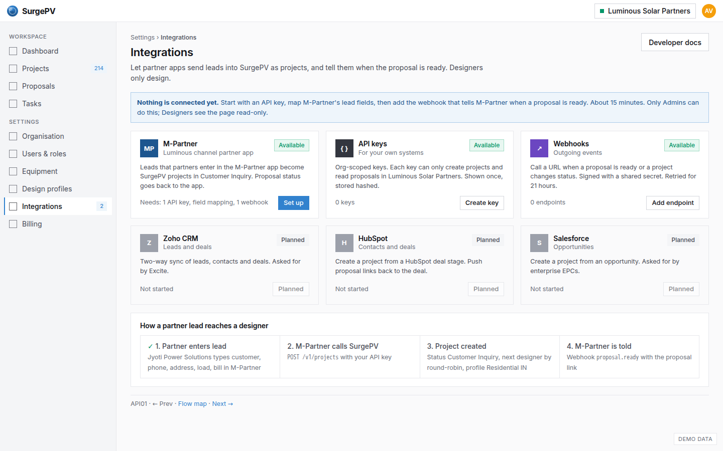 Settings > Integrations, first run