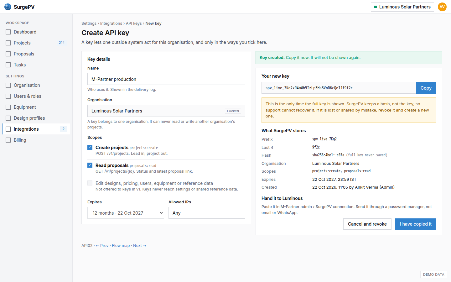 Create an org-scoped API key, shown once