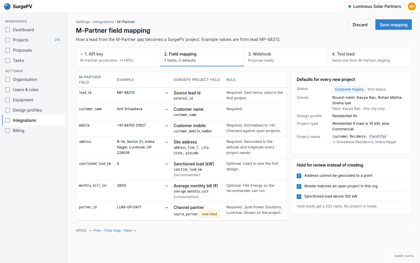 M-Partner field mapping with defaults