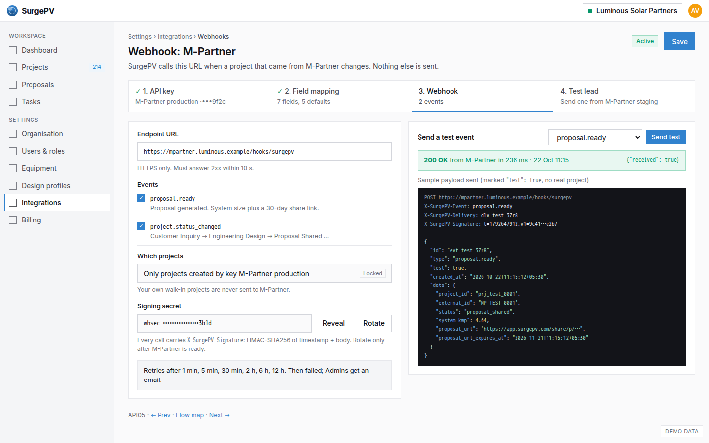 Webhook settings with test event