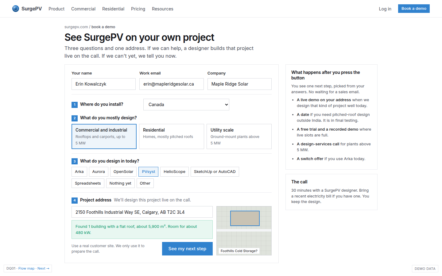 surgepv.com booking form: three questions and the project address