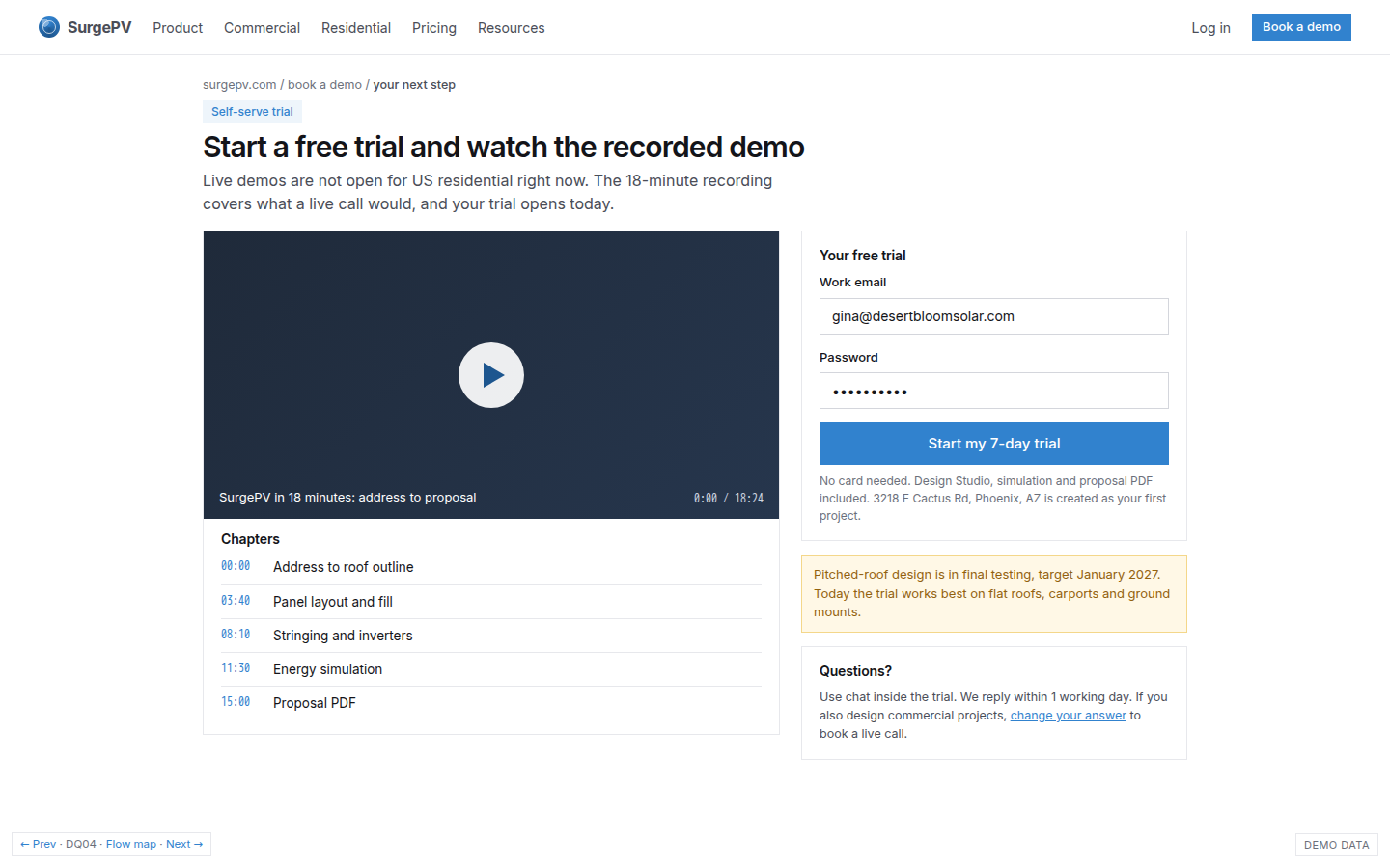 Outcome (c): US residential or Australia, self-serve trial plus recorded demo