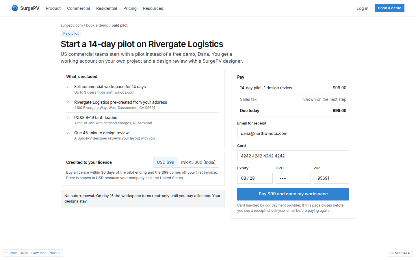 Paid pilot checkout: $99 or ₹5,000, credited to the licence