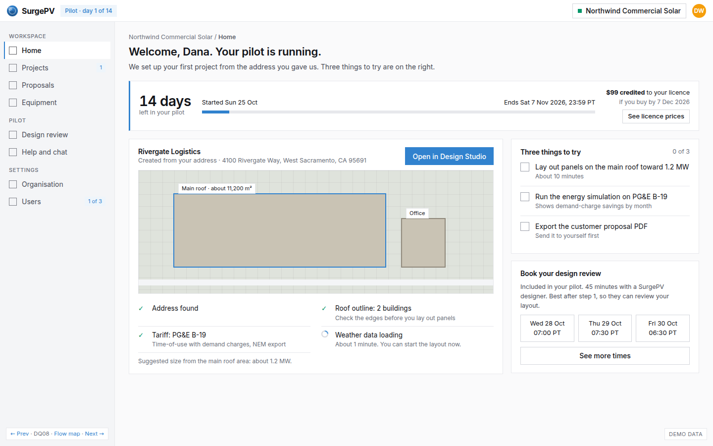 Pilot workspace in the app: countdown, pre-created project, review, checklist