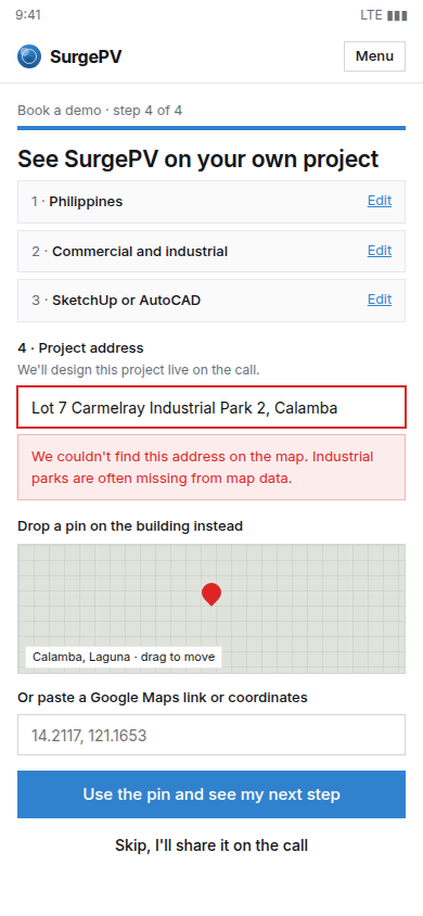 Phone: booking form, address not found (error state)