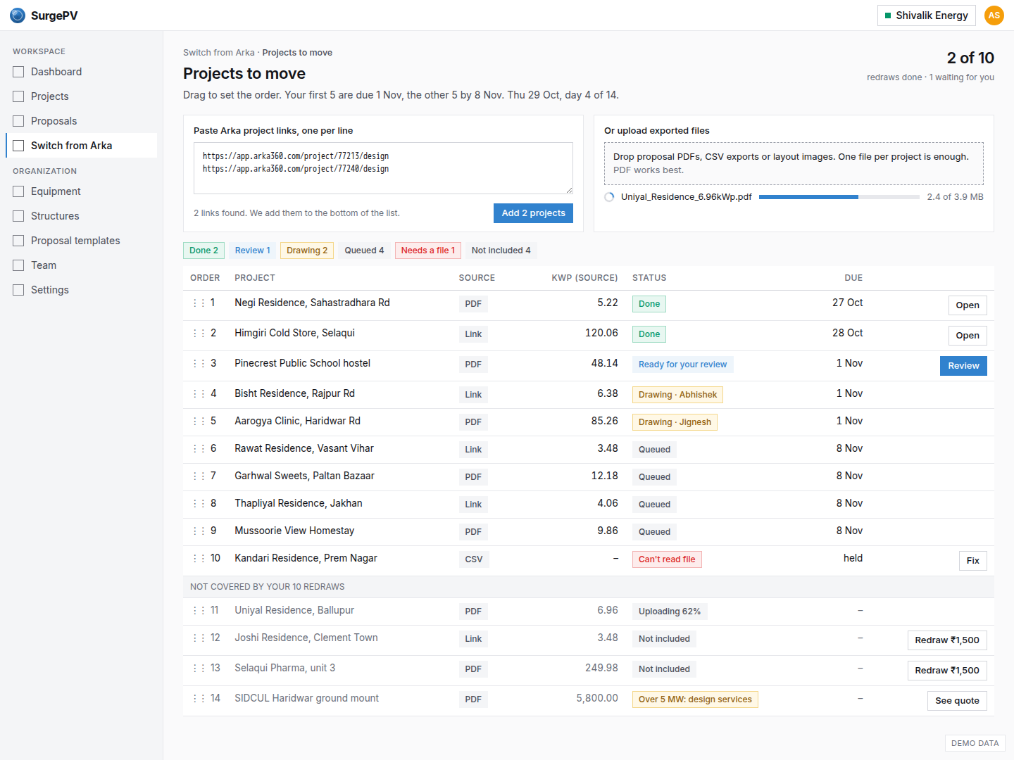 Signed in: Projects to move (with an upload in progress)