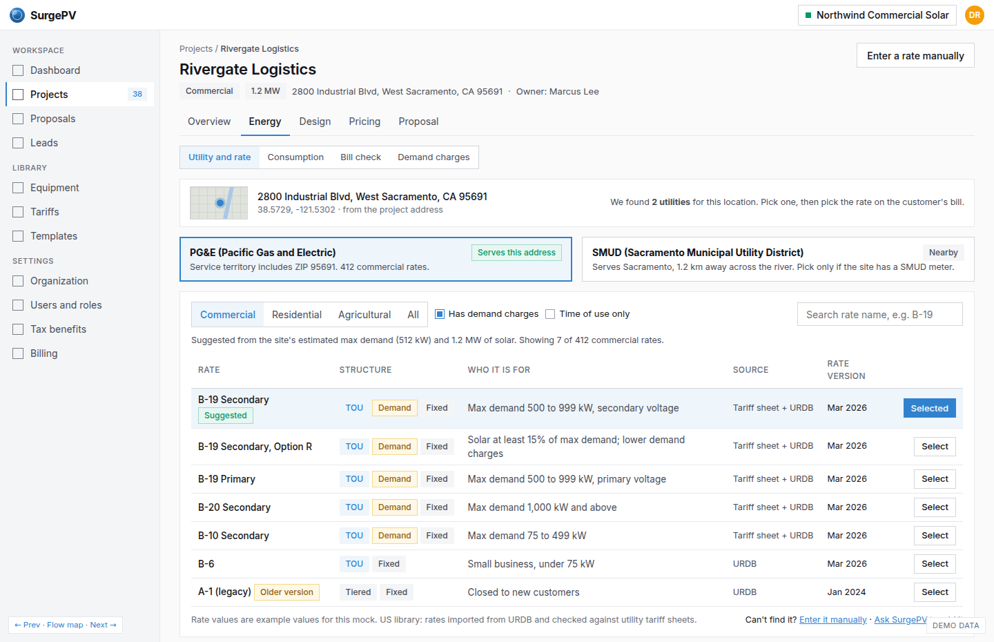 Utilities for the project location, commercial rates