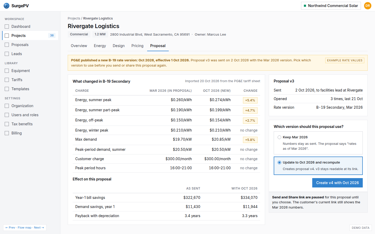Rate version changed since the proposal was sent